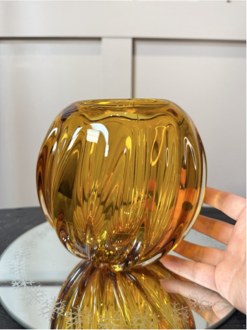 Mid Century Murano Glass Swirl Vase Yellow Glass Vessel Hand Blown 6”